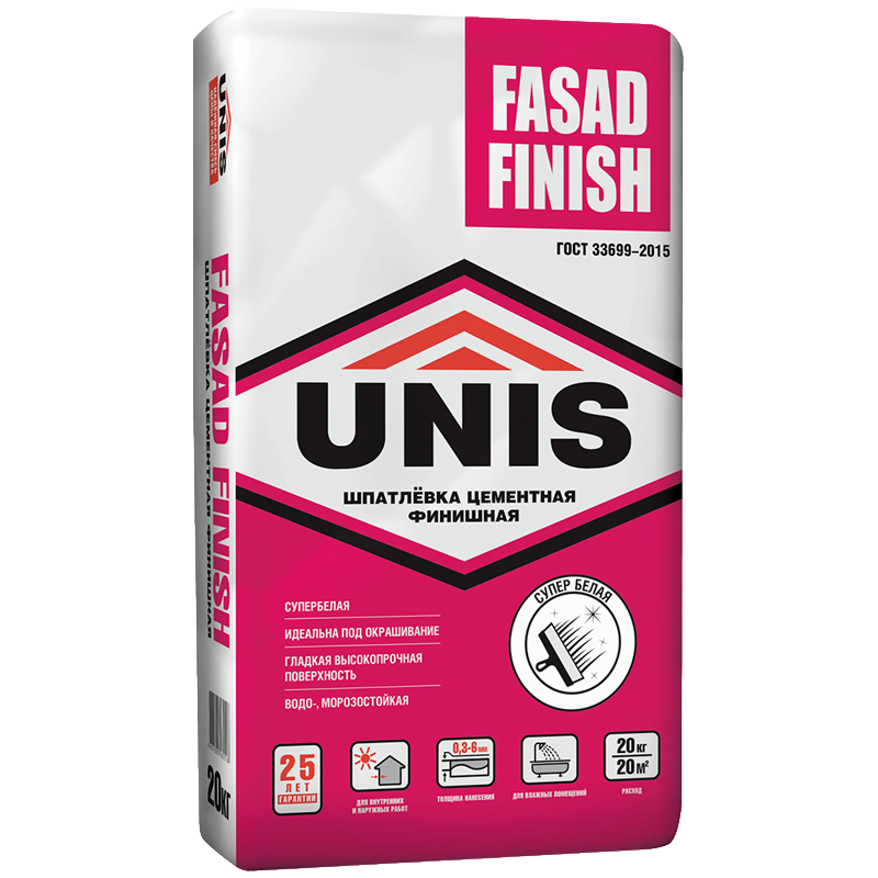 Шпатлёвка цементная финишная (супербелая) "UNIS FASAD FINISH", 20 кг.