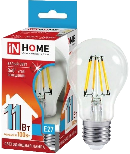 ASD/InHome лампа св/д Deco ЛОН A60 E27 11W(990lm) 4000К 4K филамент (нитевидная) прозрачная 6145