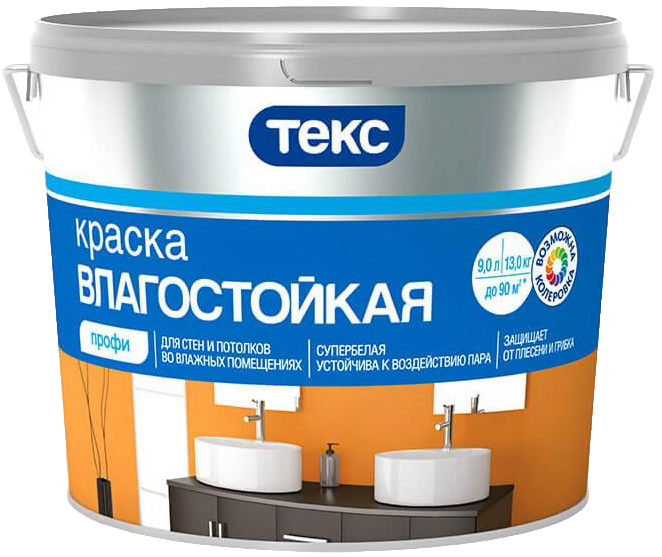 ТЕ Краска колеруемая на водной основе (f-m) "ТЕКС ВЛАГОСТОЙКАЯ", БАЗА А (супербелая), 1,8 л.,7-9м2/л