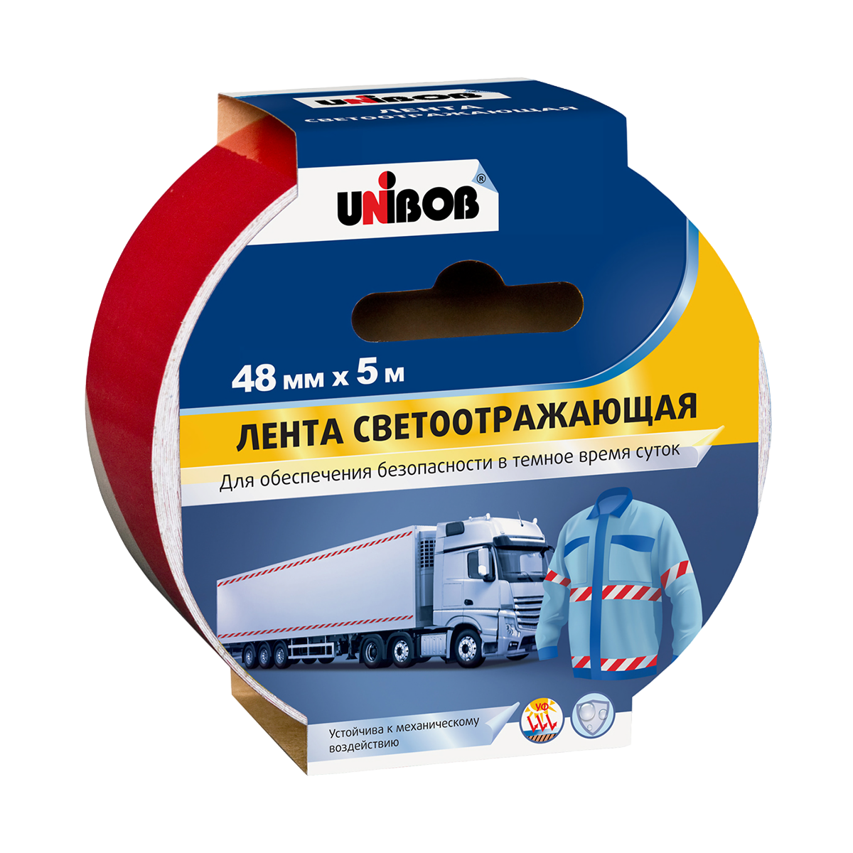 UNIBOB Клейкая лента светоотражающая, цвет красно - белый, 48 мм. х 5 м.