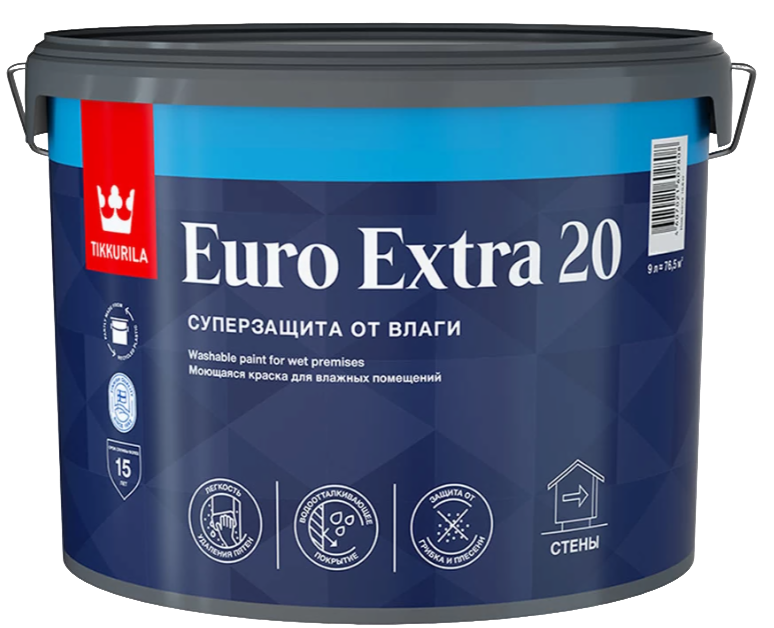 ТИ Моющаяся краска для влажных помещений (s-m) "TIKKURILA EURO EXTRA 20", БАЗА C, 0,9 л., 9-11 м2/л
