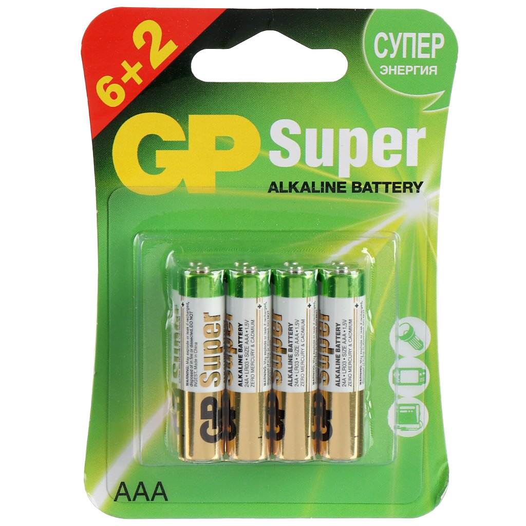 Батарейка GP, R03, LR03, FR03, AАA, Alkaline Super, алкалиновая, блистер, 2 шт, 02902