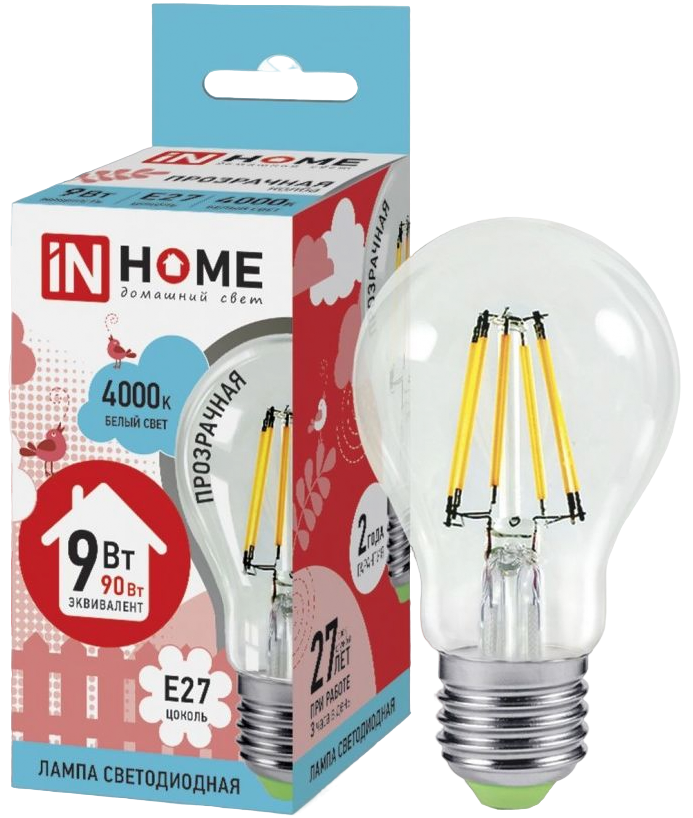 ASD/InHome лампа св/д Deco ЛОН A60 E27 9W 4000K 4K 107x60 филамент (нитевидная), прозр. 8073