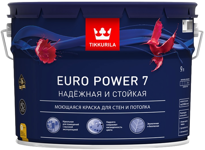 ТИ Моющаяся краска для стен и потолка (s-m) "TIKKURILA POWER 7", БАЗА С, 0,9 л.,10 - 12 м2/л