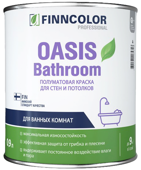 ФИ Краска на в. осн. для стен и потолков износост. (s-m) "FINNCOLOR OASIS BATHROOM", 0,9 л.,6-8 м2/л