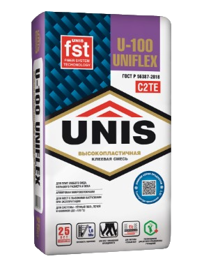 Клей плиточный высокопластичный армированный "UNIS U-100 UNIFLEX", класс С2ТЕ, 25 кг.