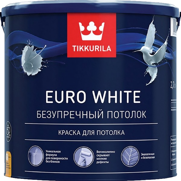 ТИ Краска интерьерная для потолков (f-m) "TIKKURILA EURO WHITE", цвет БЕЛЫЙ, 9 л., 7-9 м2/л